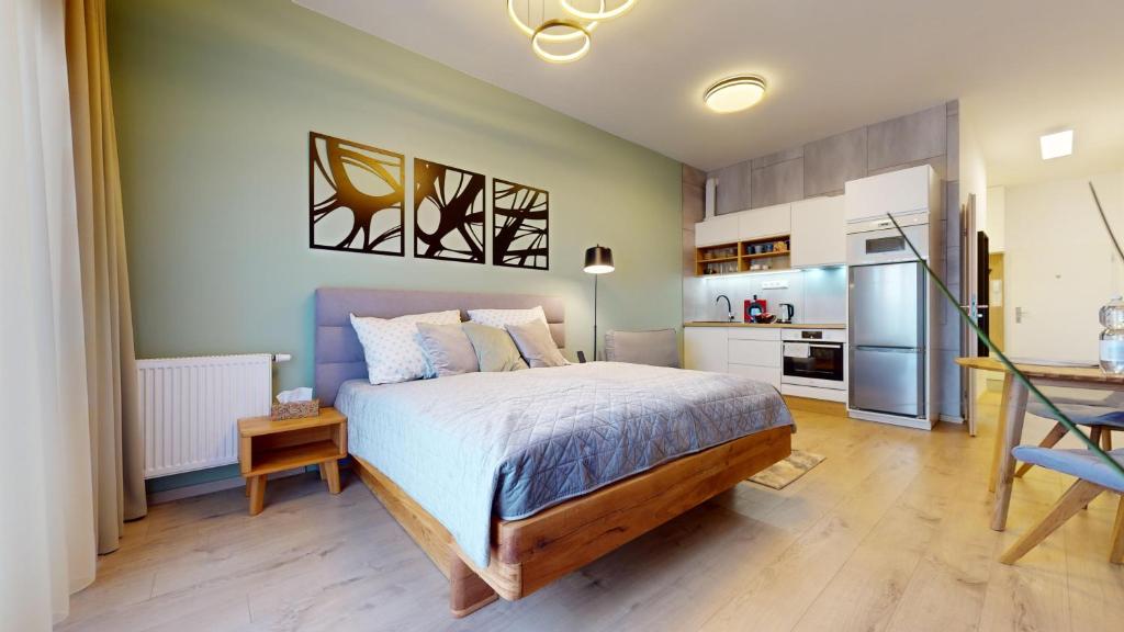 Il comprend une chambre avec un grand lit et une cuisine. dans l'établissement 3unity Apartman Kamence, à Kysucké Nové Mesto