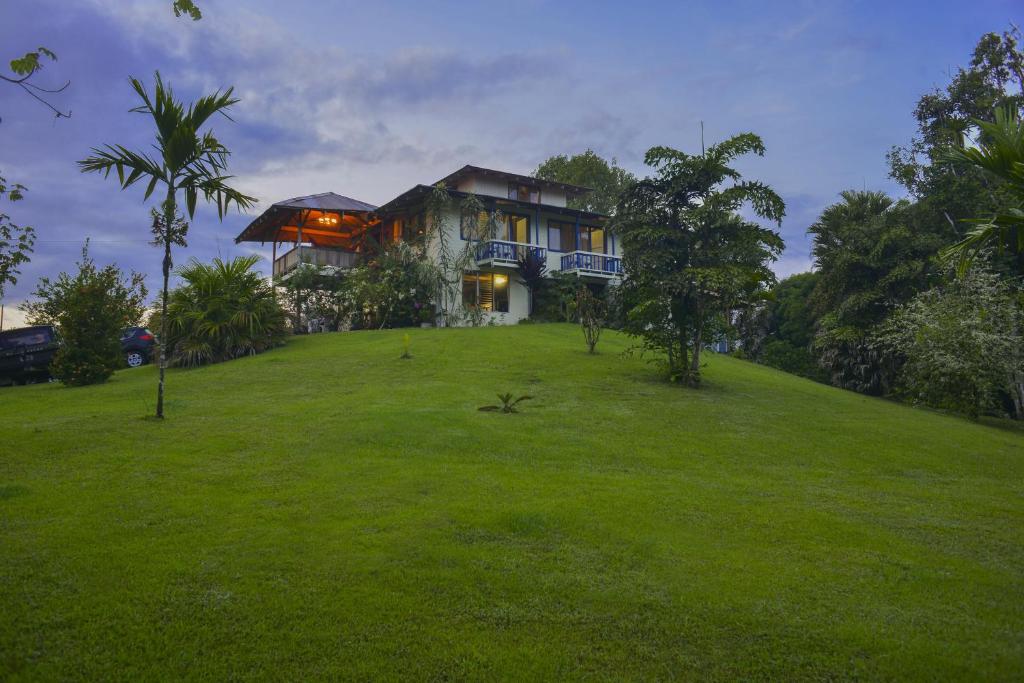 a house on a hill with a green yard at Casa Drake Lodge in Drake