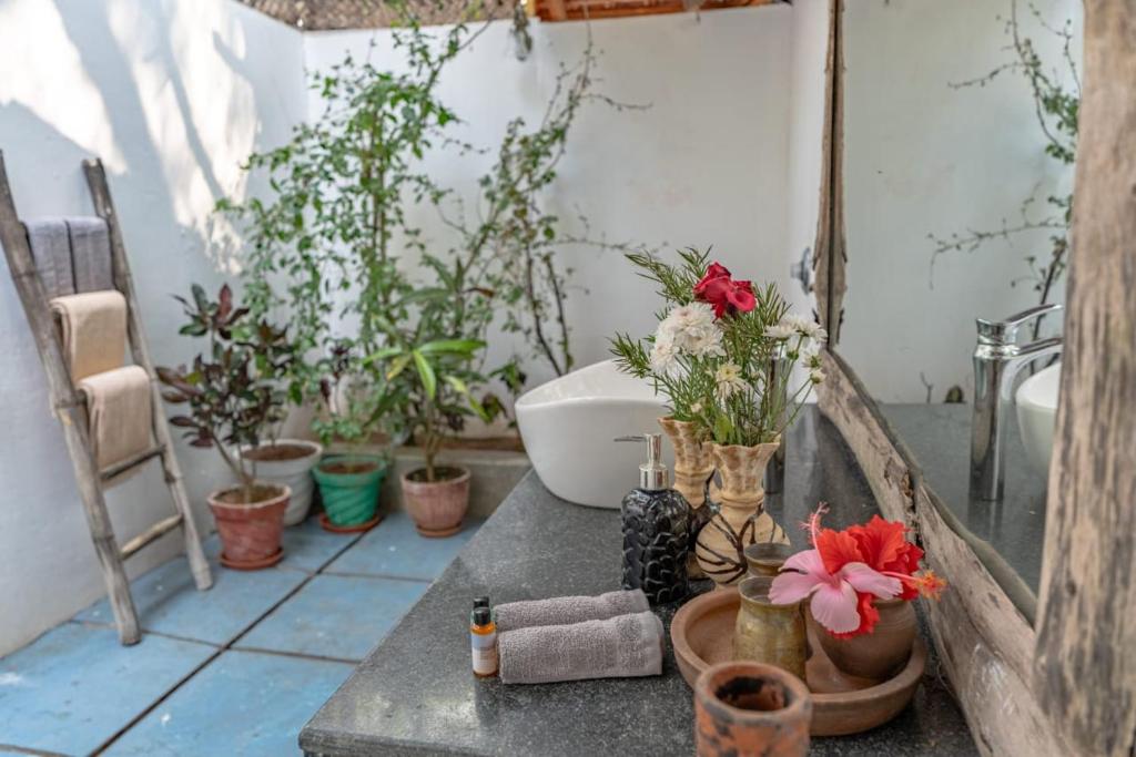 a bathroom with potted plants on a counter with a sink at The Bay Agonda in Agonda