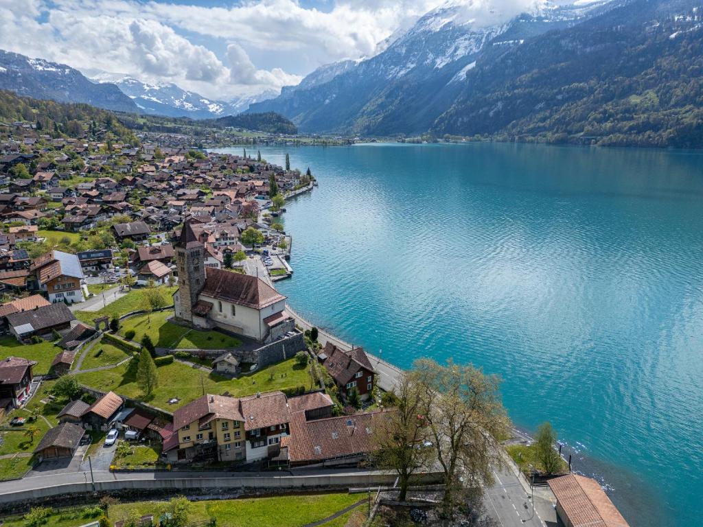 an aerial view of a town next to a lake at Apartment am schönen Brienzersee in Brienz