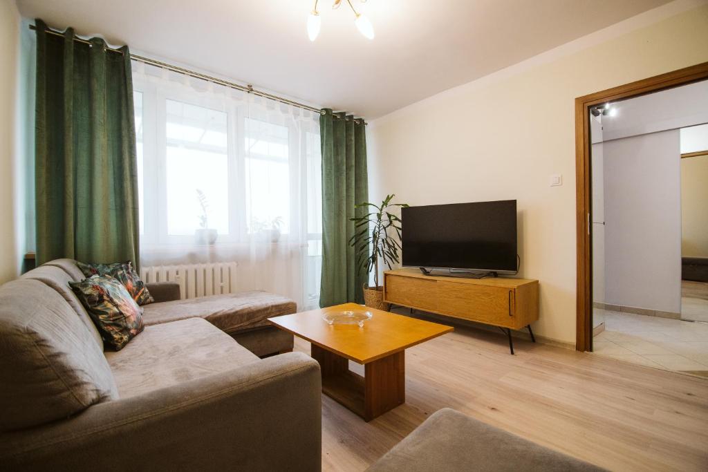 een woonkamer met een bank en een flatscreen-tv bij Nowy dwupokojowy Apartament 700 m od Szpitala Prokocim in Krakau