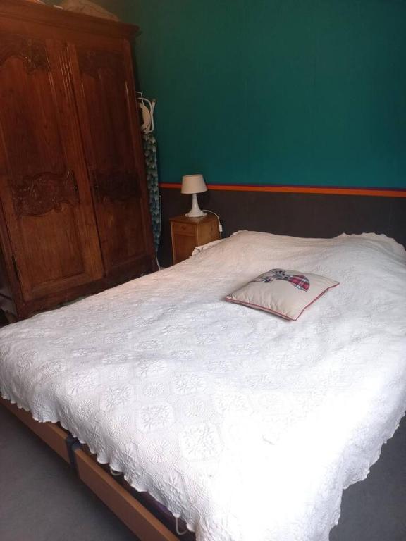 Ce lit se trouve dans une chambre dotée d'un mur vert. dans l'établissement MAISON INDIVIDUELLE 110 M2-3 CHAMBRES-JARDIN 1000 M2, à Bois-Guillaume