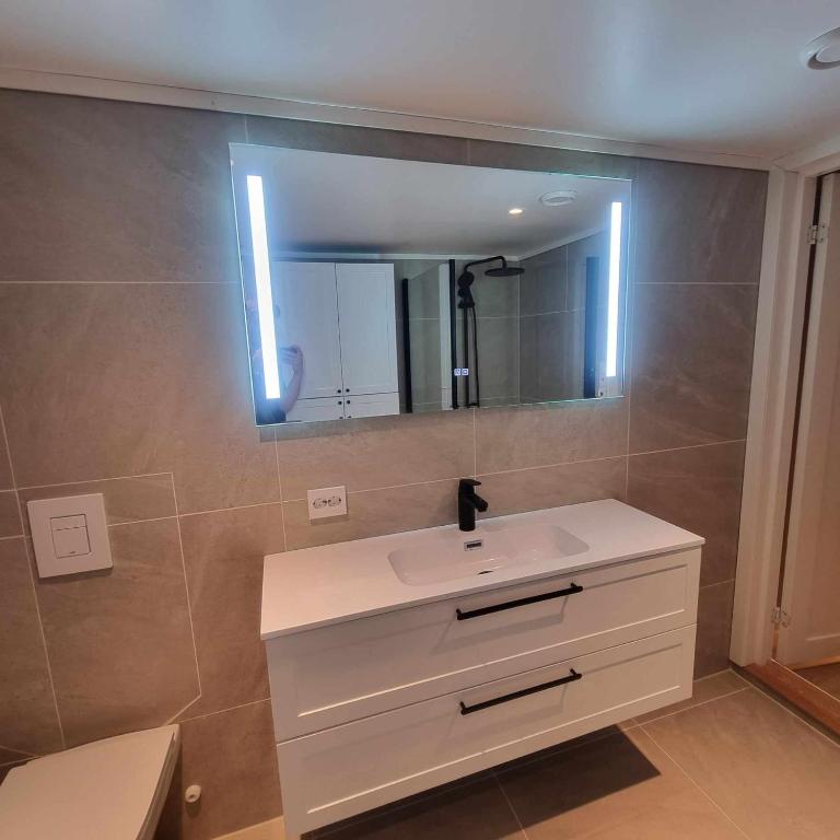 bagno con lavandino bianco e specchio di Apartment in the city a Porsgrunn