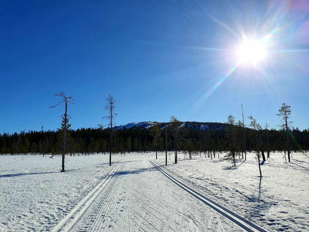 a snow covered field with the sun in the sky at Kelotupa 19 in Syöte