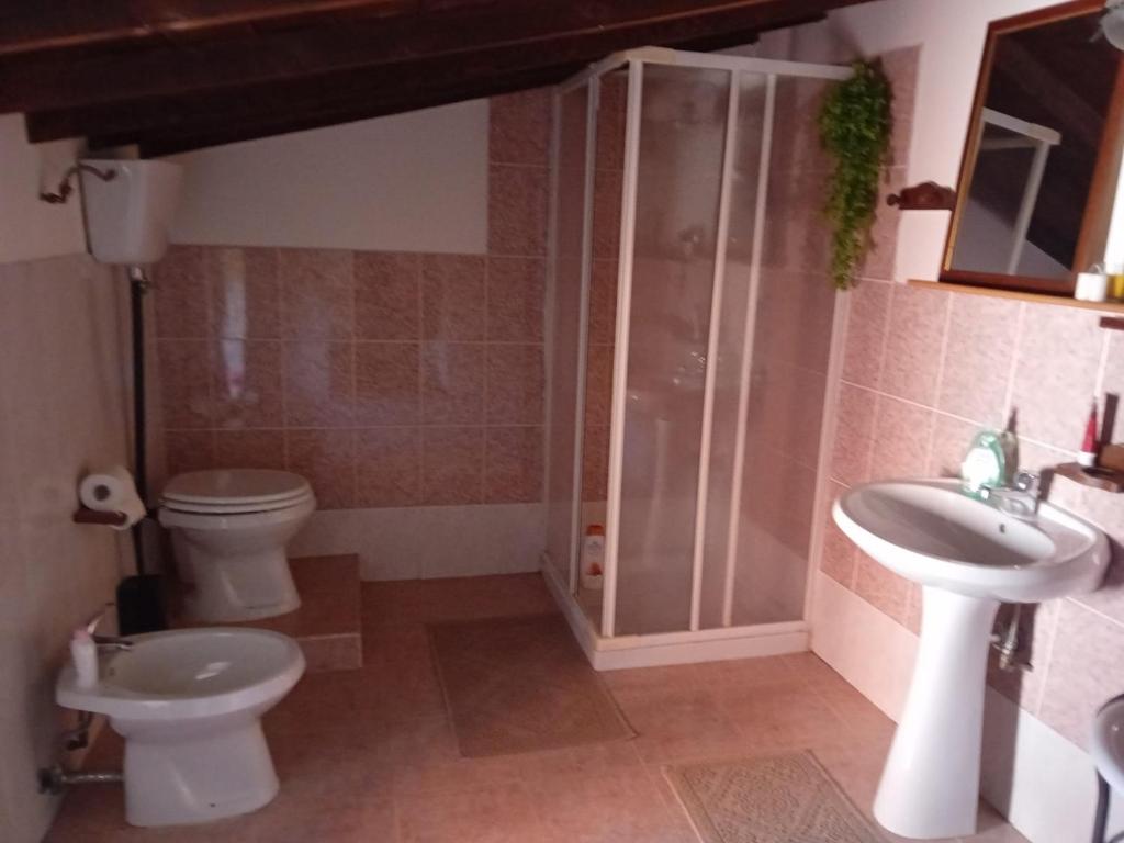ein Bad mit einem WC, einem Waschbecken und einer Dusche in der Unterkunft Su Mulinu 