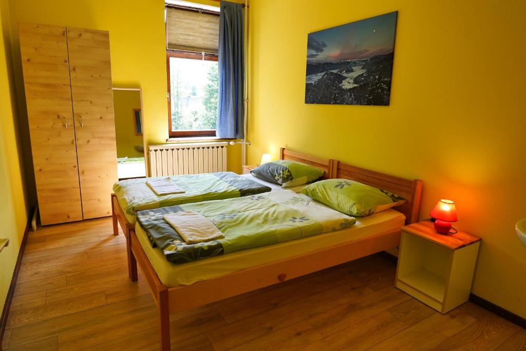 um quarto com uma cama num quarto com uma janela em House Budkovič em Bohinj