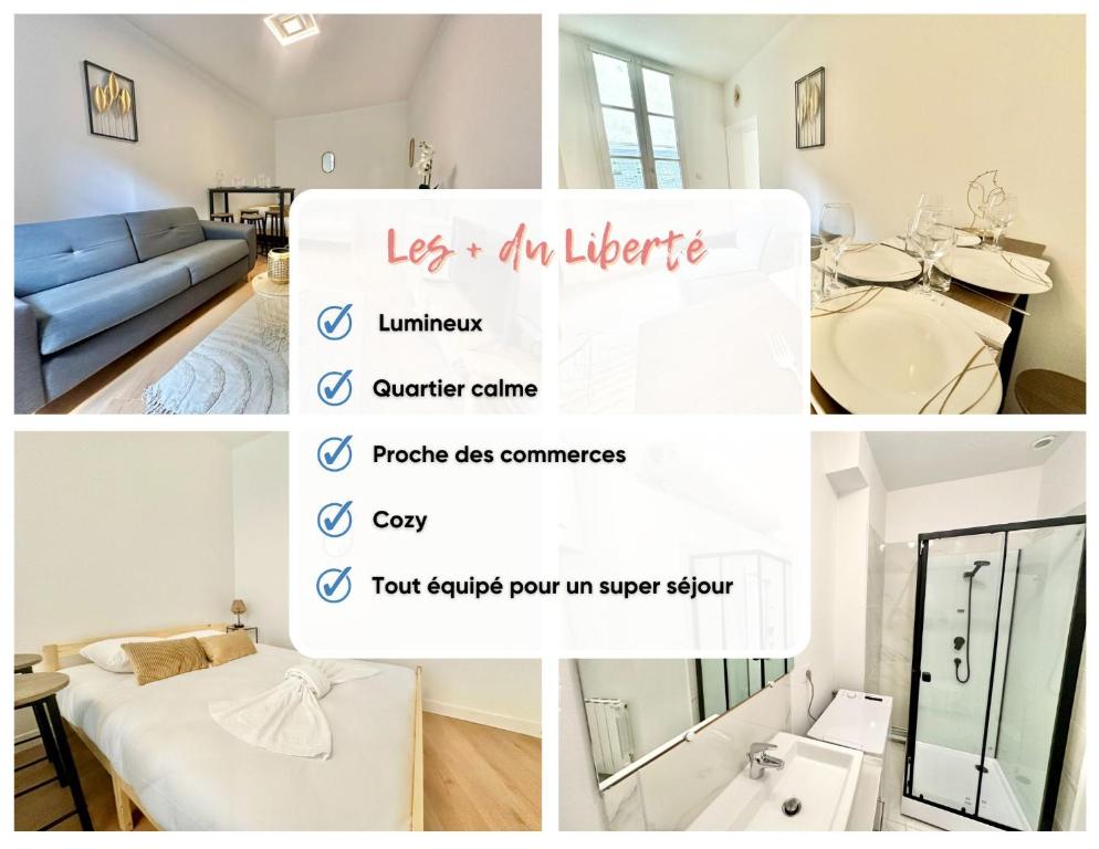 a collage of photos of a living room and a room at Le Liberté central et cozy in Limoges