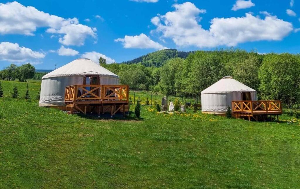 dos yurtas en un campo con una colina en el fondo en 4 Żywioły -całoroczne jurty w Sudetach, en Stronie Śląskie