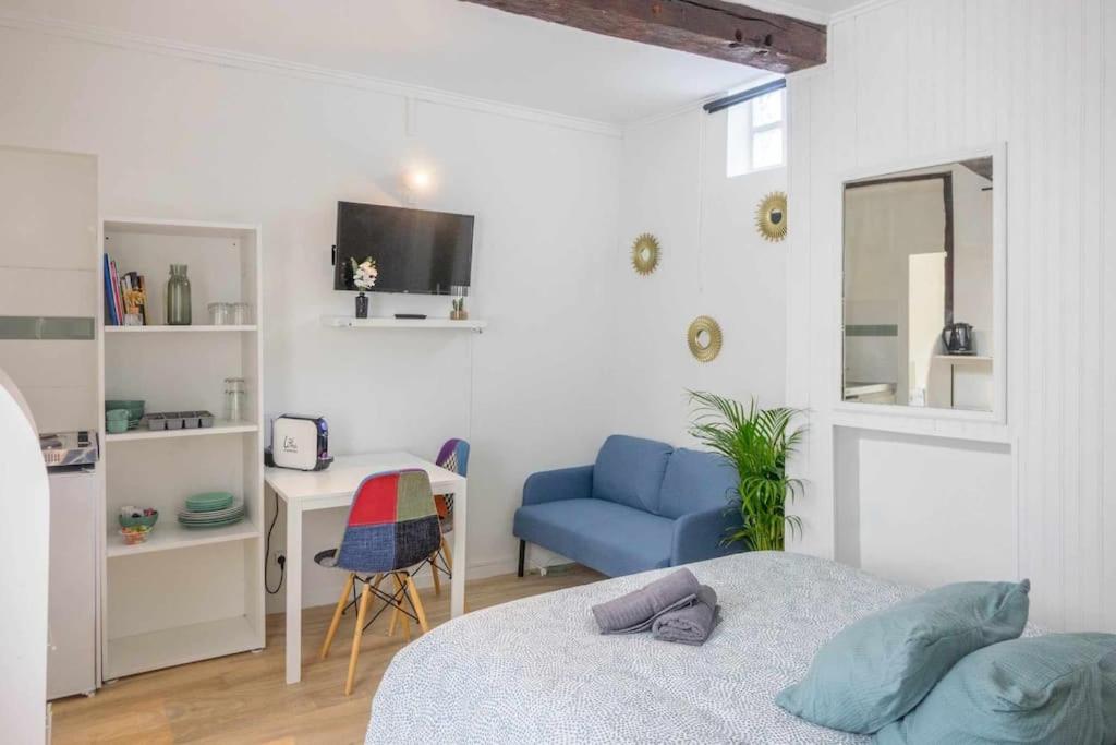 オルレアンにあるStudio Rue piétonne Orléansのベッドルーム1室(ベッド1台、デスク、青い椅子付)