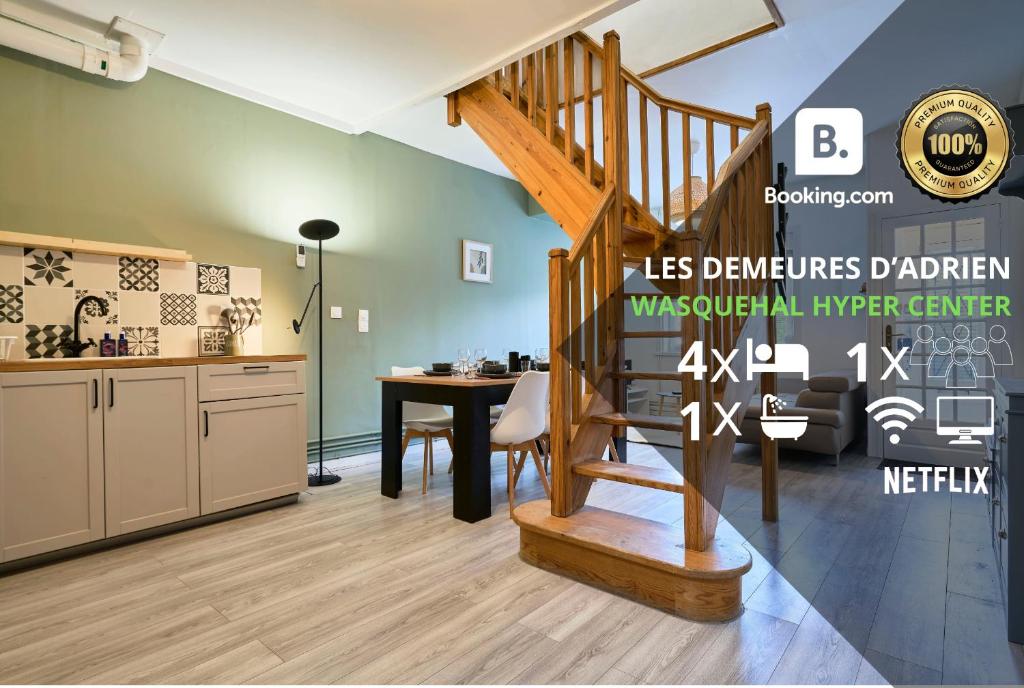 uma cozinha e uma sala de jantar com uma escada de madeira em L'Emeraude - Les Demeures d'Adrien em Wasquehal