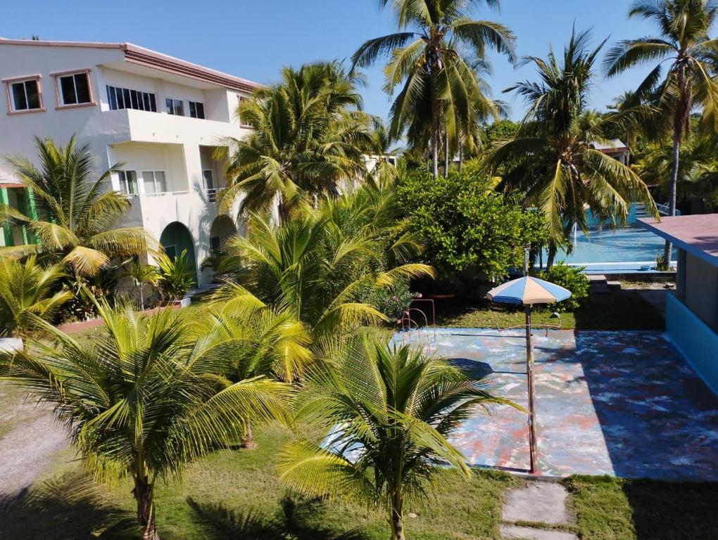 - une vue aérienne sur un complexe avec des palmiers et une piscine dans l'établissement Coconut village, à El Zapote