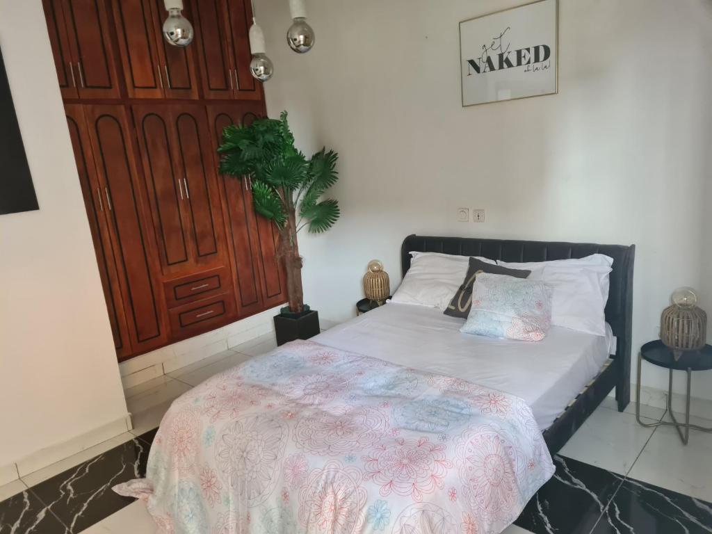 ein Schlafzimmer mit einem Bett und einer Topfpflanze in der Unterkunft Elyam's Home 2 in Douala