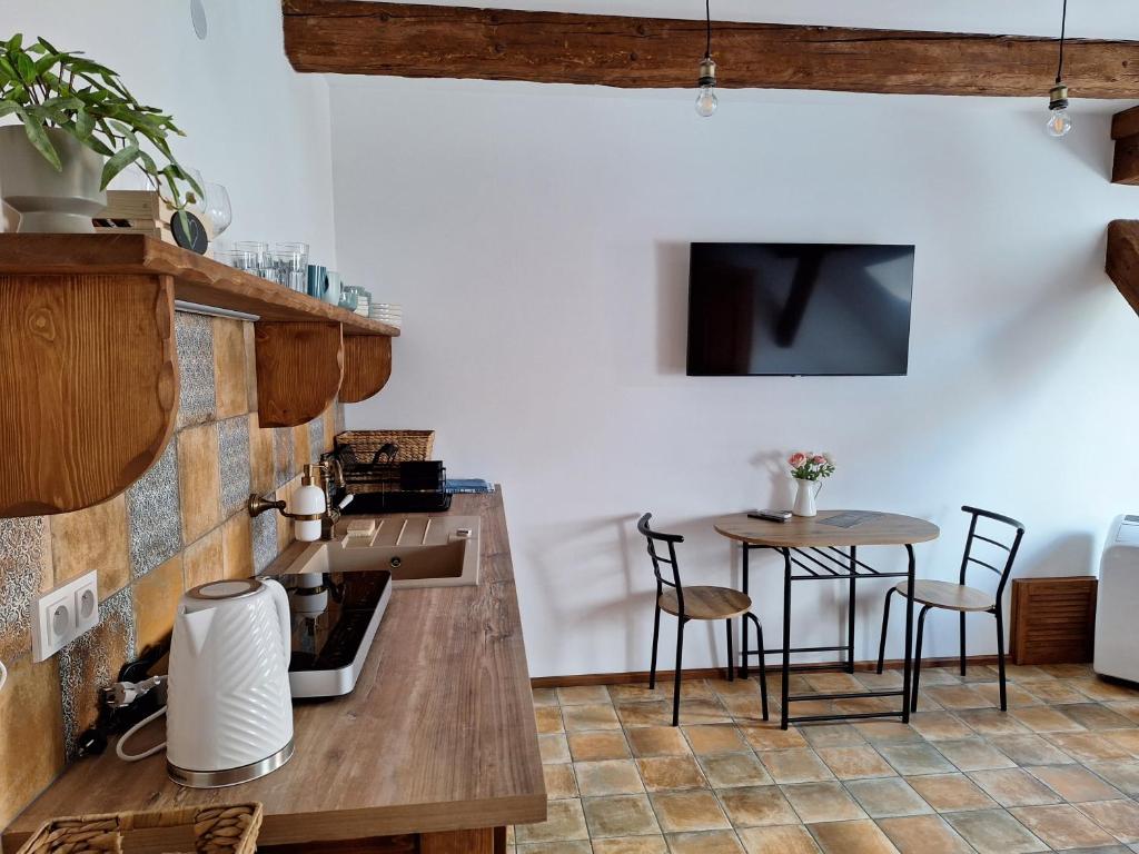 Kuchyň nebo kuchyňský kout v ubytování Apartmány Ve starém pivovaru