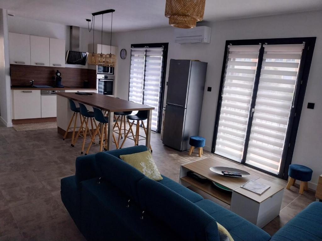 een woonkamer met een blauwe bank en een keuken bij Appartement fonctionnel proche du centre ville in Narbonne