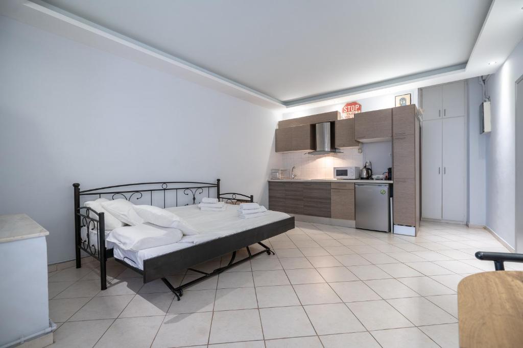 ピレウスにあるKastella cozy flat for 2 persons my MPSのベッドとキッチン付きの広い客室です。