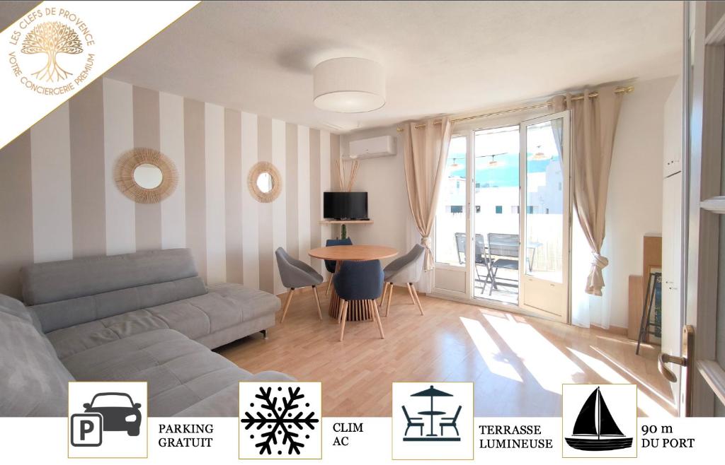 un salon avec un canapé et une table dans l'établissement Puerto Cabana - Grand Studio avec Parking et Terrasse vue Port, à Cassis