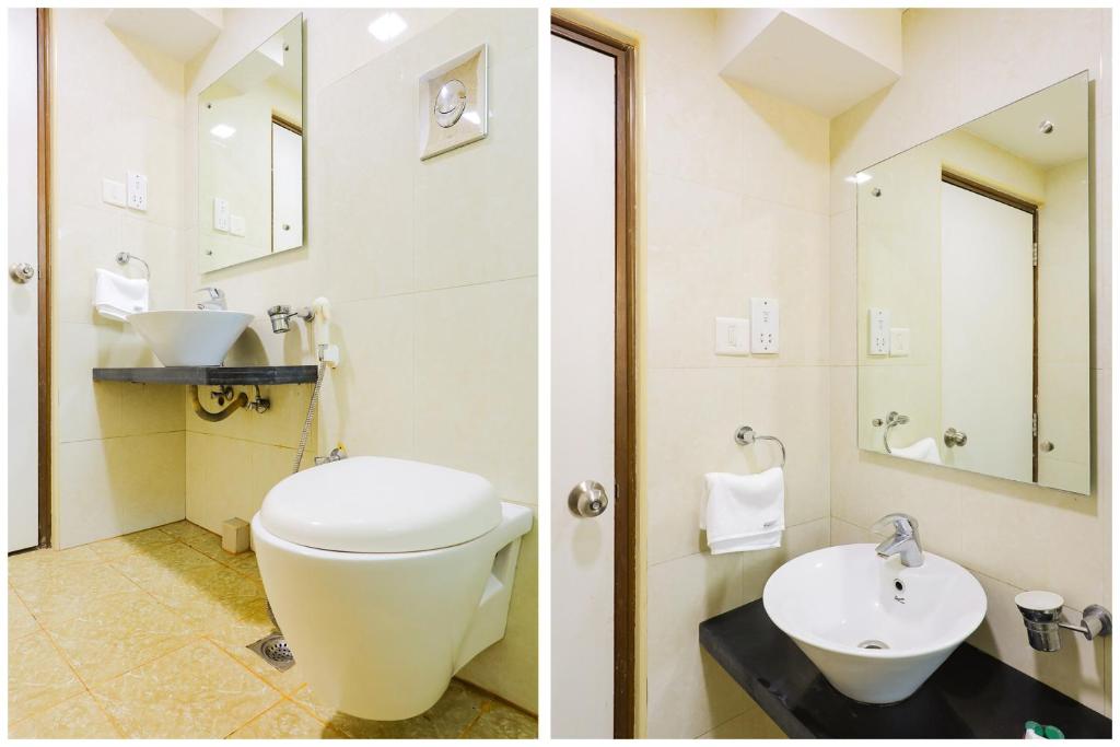 two pictures of a bathroom with a toilet and a sink at Hotel Famy Palace in Udalguri