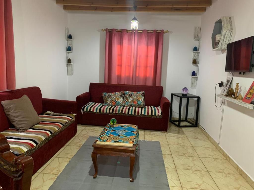 uma sala de estar com um sofá e uma mesa em Nour Sini studios em Dahab