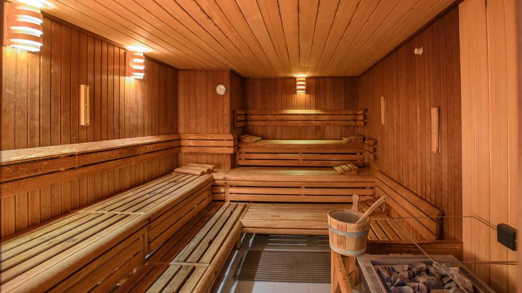 een lege sauna met houten wanden en houten plafonds bij Parkhotel Valkenburg in Valkenburg