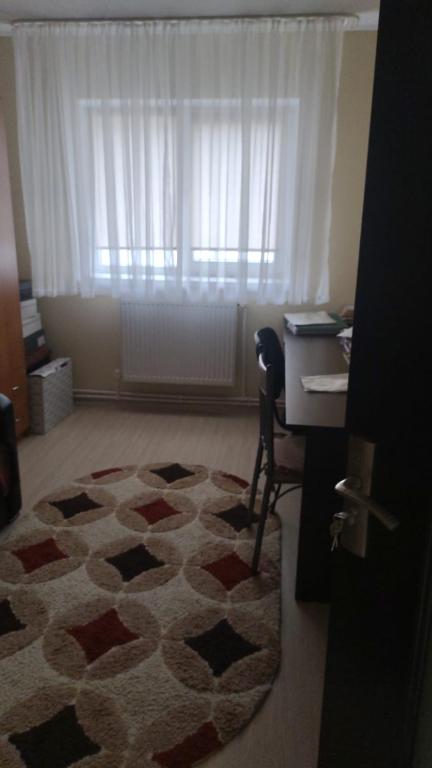 Habitación con escritorio, alfombra y ventana en Cris confort, en Fălticeni