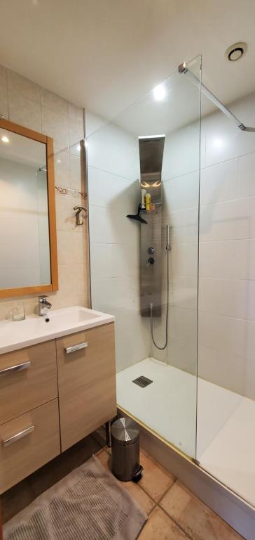 uma casa de banho com um chuveiro, um lavatório e um espelho. em bienvenue au Manava em La Grande-Motte