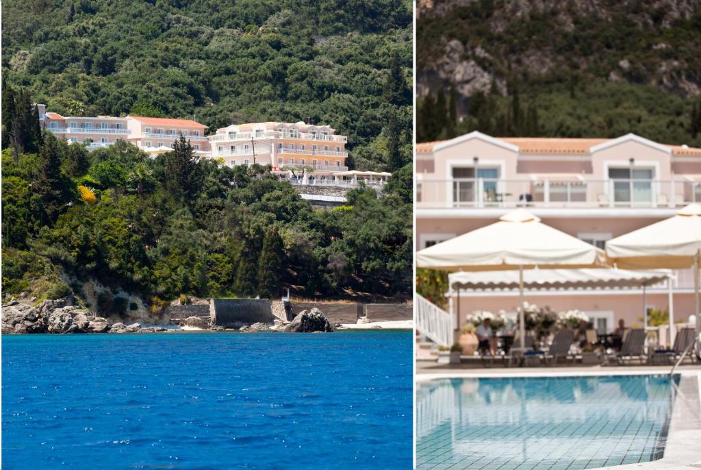 duas fotos de uma casa e uma piscina em Odysseus Hotel em Paleokastritsa