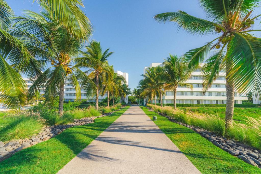 a pathway with palm trees in front of a building at Oceana Resort & Conventions in Monterrico