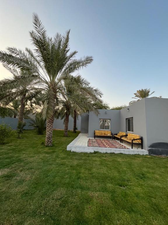 una casa con palmeras en el patio en شاليه الليوان, en Al Bukayriyah