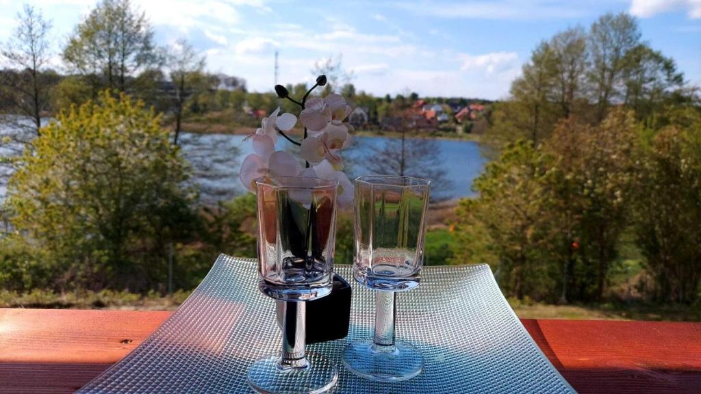 two wine glasses sitting on top of a table at Domus Mare Tiny House 2 in Wisełka