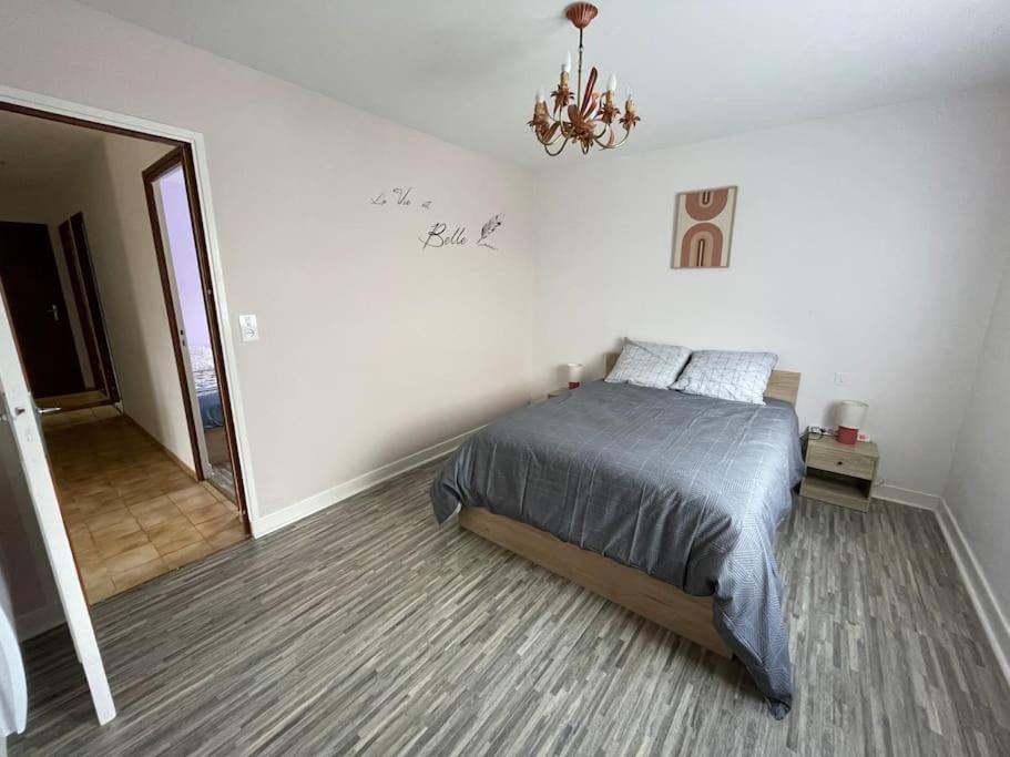 a bedroom with a bed and a chandelier at Appartement au bord du lac avec terrasse in La Tour-dʼAuvergne