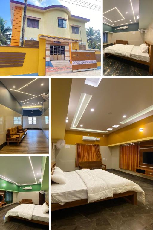 a collage of four pictures of a bedroom at Shreesham Resort at Malpe Beach in Udupi