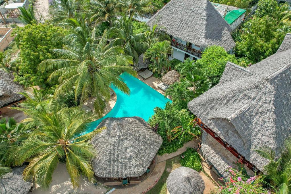 uma vista aérea de um resort com uma piscina e palmeiras em Maisha Nungwi em Nungwi