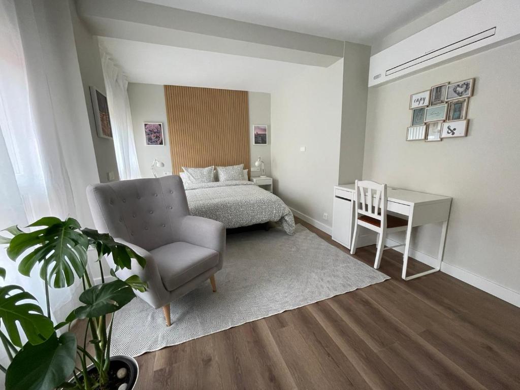 a bedroom with a bed and a chair and a desk at Rooms Madrid Río in Madrid