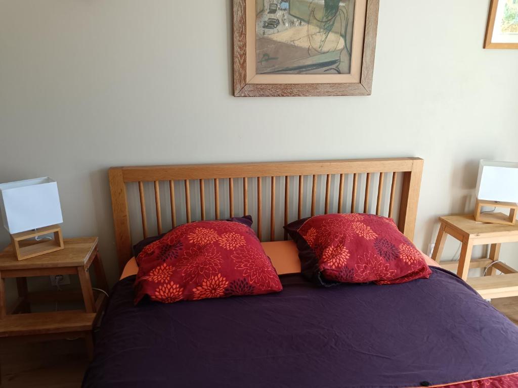 - un lit avec 2 oreillers rouges dans l'établissement Chambre à louer au calme, à Roquefort-les-Pins