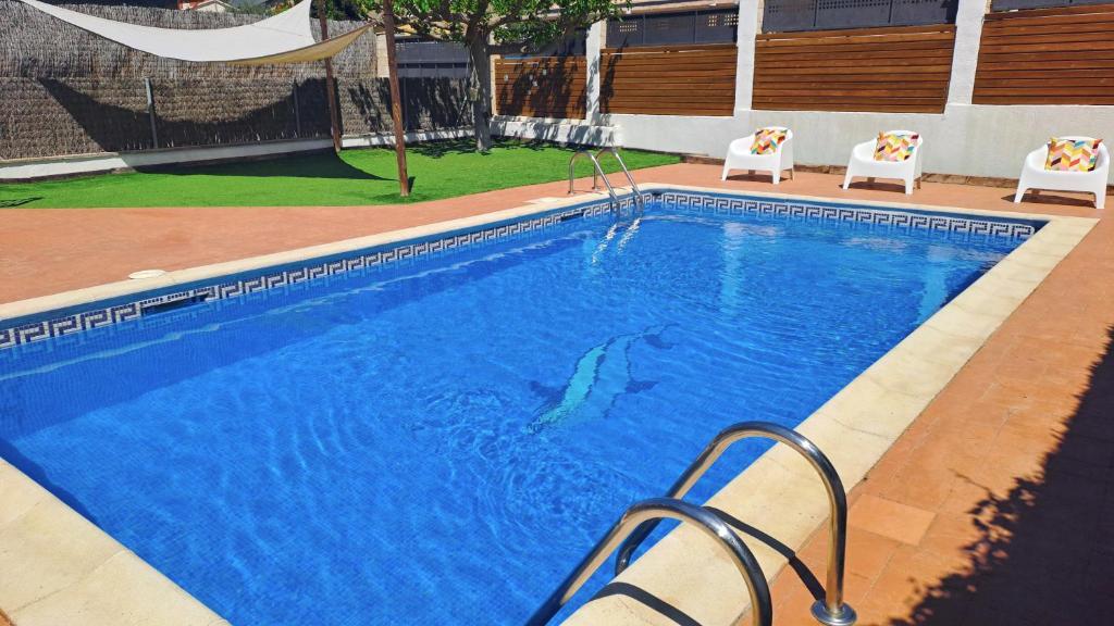 a swimming pool with a dolphin in the water at MORERABLANCA piscina, barbacoa, chill-out in San Mateo de Bages