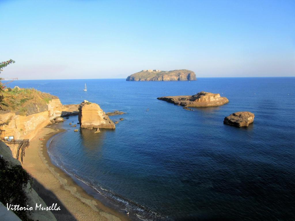 z powietrza widok na plażę z kamieniami w wodzie w obiekcie Mareluna Casa Del Mare w mieście Ventotene