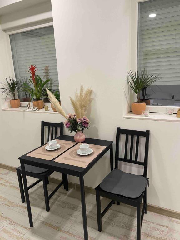 een tafel met twee stoelen en een tafel met bloemen erop bij GoGo studio in Ljig