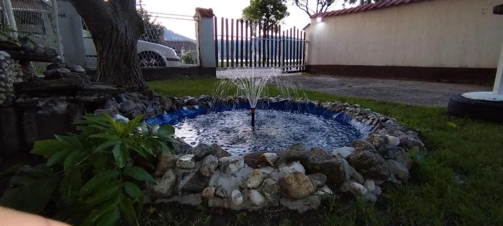 a small pond with a fountain in a yard at Sobe Lara in Donji Milanovac