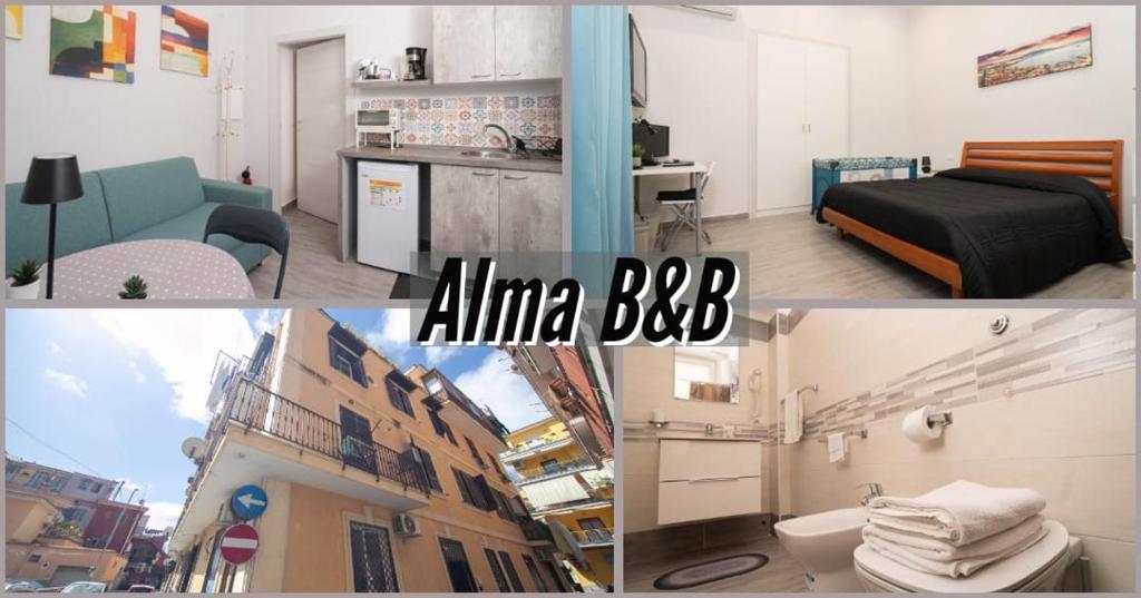 duas fotografias de um quarto com uma cama e uma cozinha em Casa Vacanze Alma B&B grazioso appartamento sul lungomare di Pozzuoli a 300mt dal centro e dal Rione Terra by Movery em Pozzuoli