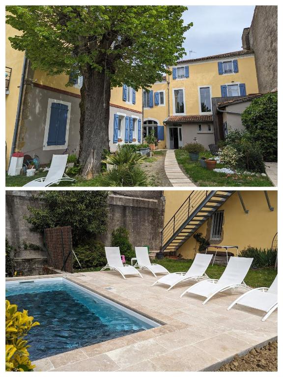deux photos d'une piscine avec des chaises et d'un bâtiment dans l'établissement 