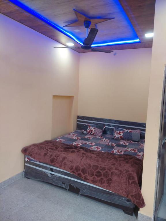 馬圖拉的住宿－Shri KrishnMohini Home stay，一间卧室配有一张带吊扇的床