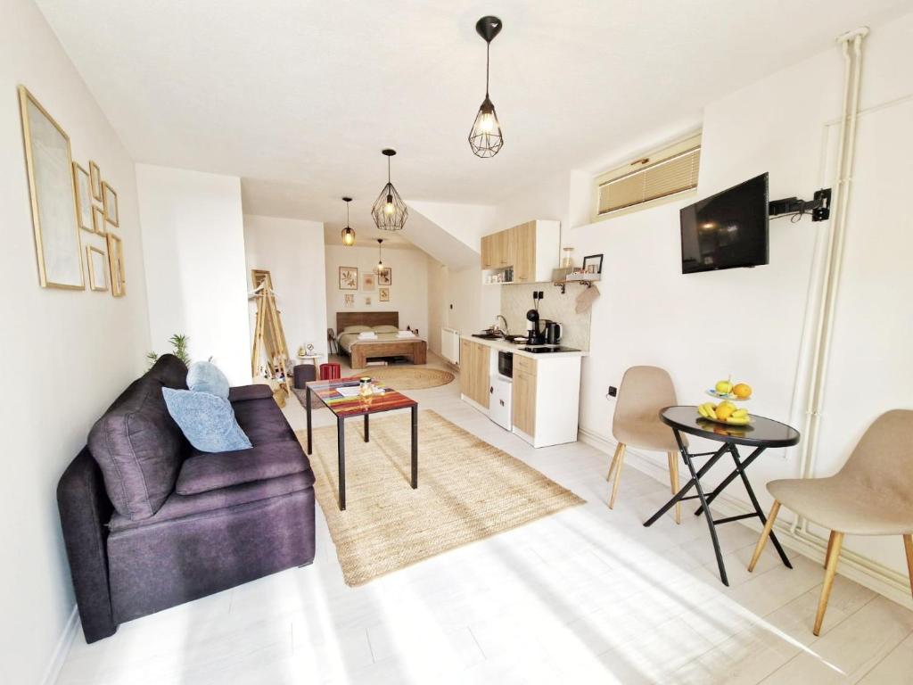 een woonkamer met een paarse bank en een keuken bij Studio Apartment Bohemia in Mostar