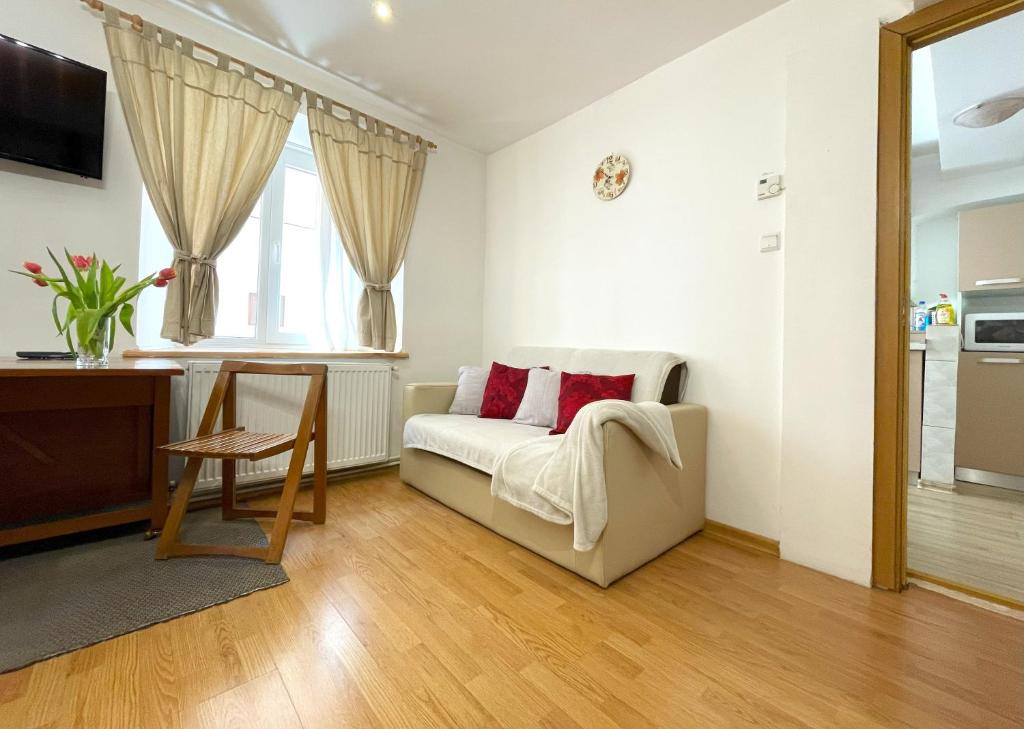 ブラショヴにあるSun Studio in Old Town Center - Quiet & Cozyのソファとテーブルのあるリビングルーム