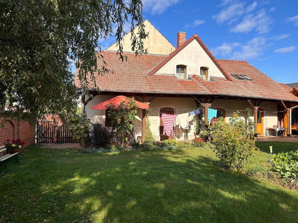 een huis met een grasveld ervoor bij Ferienwohnung am Schwielochsee - b45298 in Schwielochsee