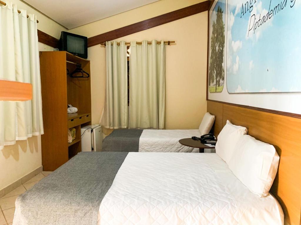 Cette chambre comprend 2 lits et une télévision. dans l'établissement Hotel Fazenda Tucano, à Capim Branco