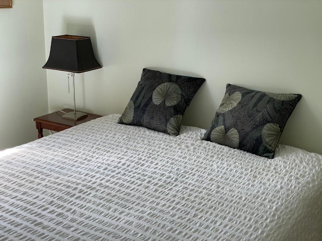 a bedroom with a bed with two pillows and a lamp at Green Nest - Metro line 7 in La Courneuve