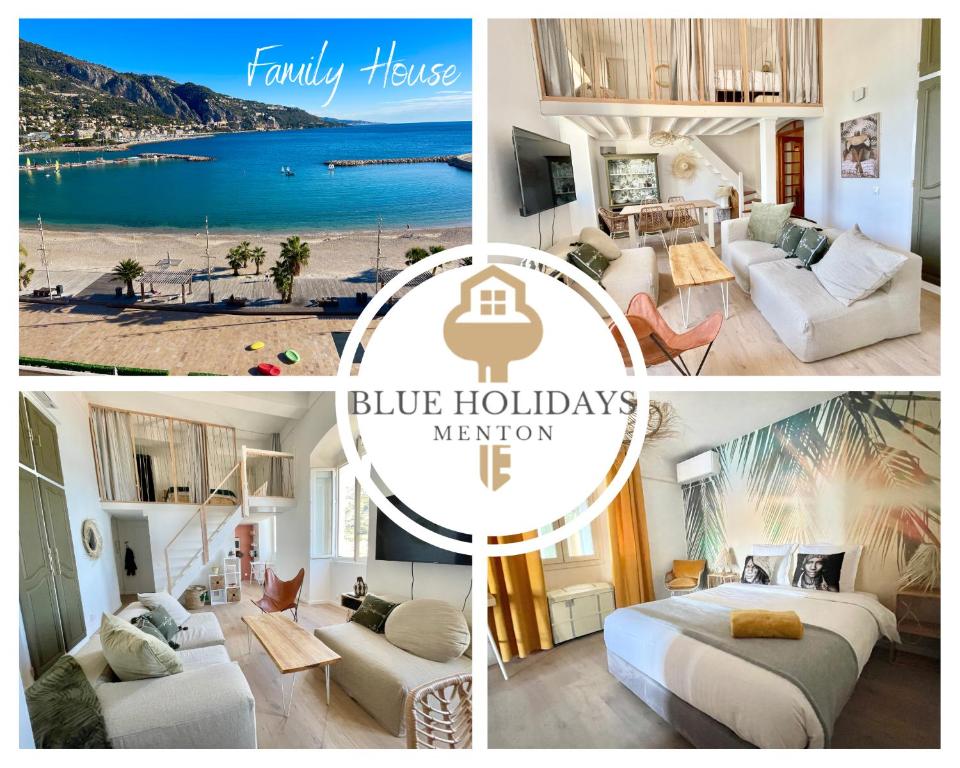 a collage of four pictures of a living room with a beach at Family House Vue Mer in Menton