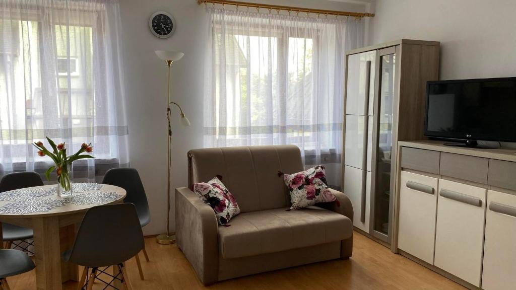 uma sala de estar com uma cadeira e uma televisão em Apartament 35 em Zamość