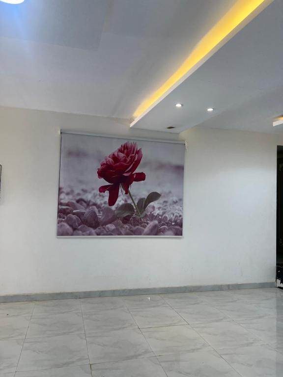 a painting of a red flower on a wall at شاليه 1 in Al Ḩazm