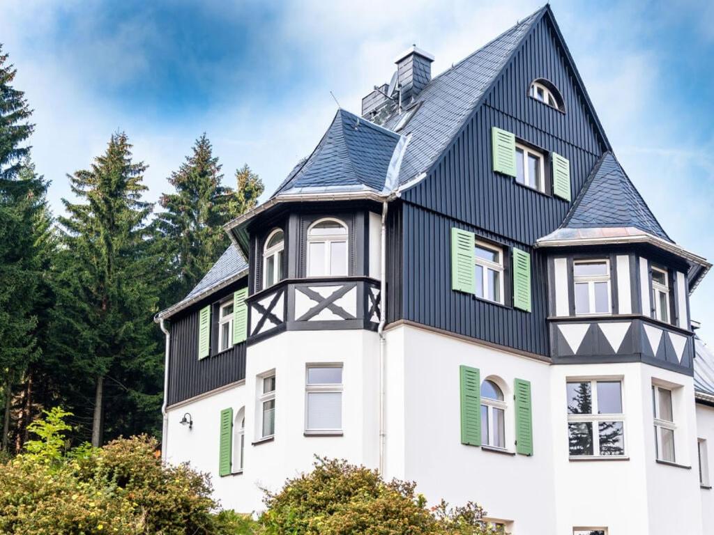 een wit huis met een zwart dak en groene luiken bij Holiday apartment Ahornspitze in Kurort Bärenburg